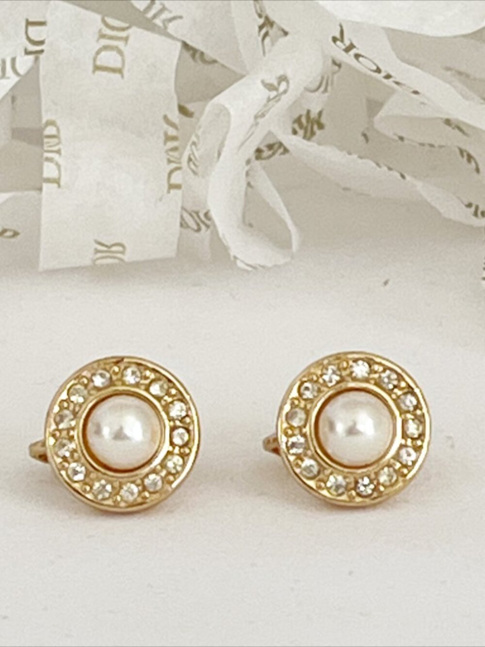 DIOR Vintage Clip-On Pearl Rhinestone Halo Earrings